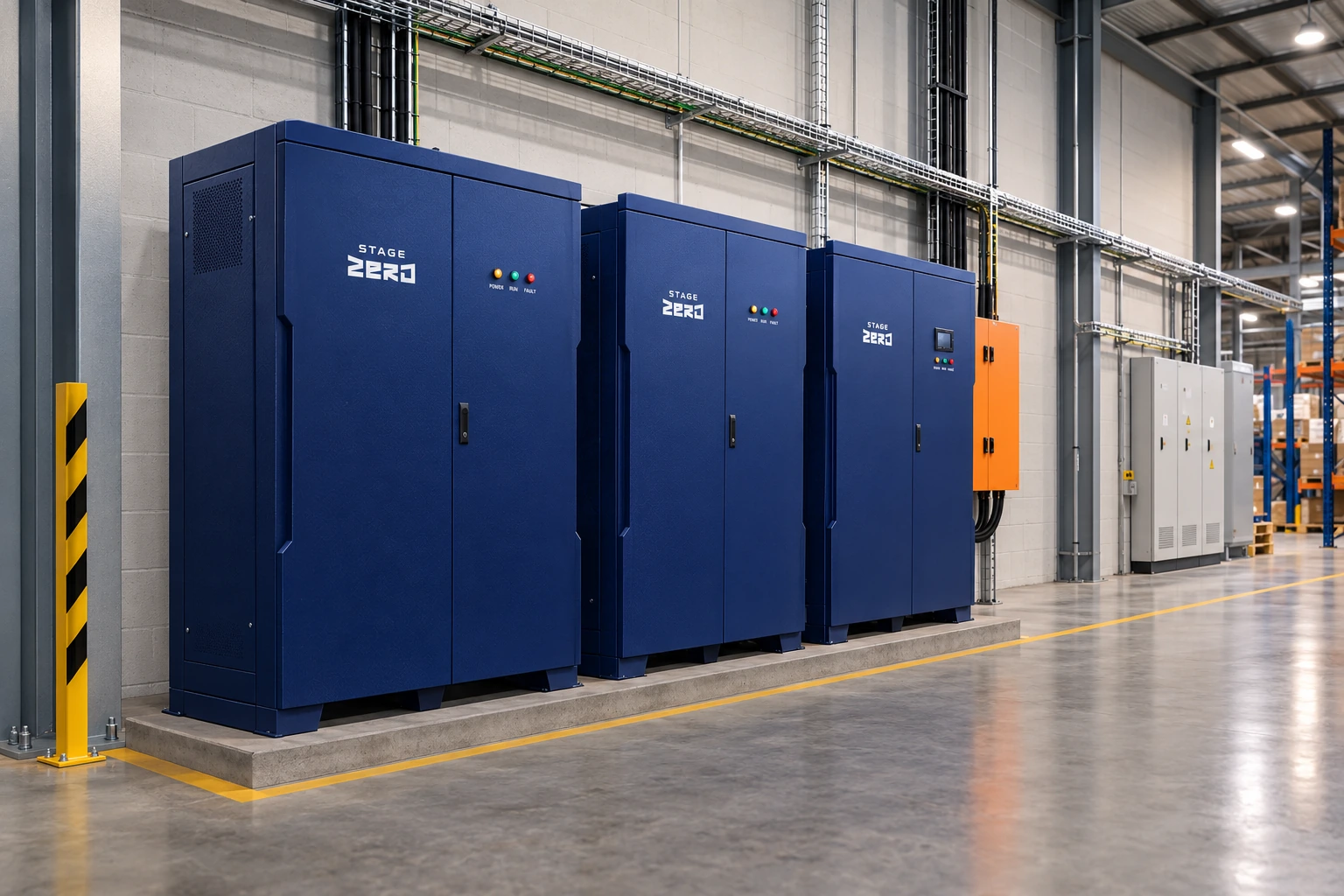 Three Stage Zero commercial inverter and battery cabinets installed side by side in a commercial warehouse